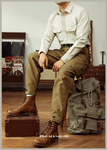 Ground Crew Trousers 1930s Style Mens Tapered Cargo Pants Dark Khaki - Picture 10 of 20