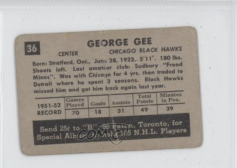1952-53 Parkhurst George Gee #36 - Image 2 of 2