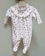 🌸Pretty Next Baby White & grey Floral soft Velour Frill Sleepsuit 0-3 Months