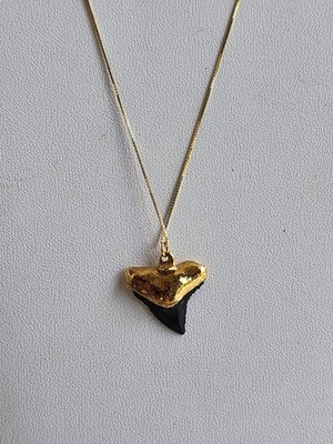 GND 10KT Gold Necklace Pendant with Plated Fossil Megalodon Shark Tooth Signed 