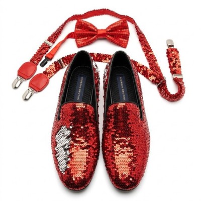 Giorgio Brutini Red Sequin Loafers Men s 11M w/Matching Bow Tie & Suspenders Set