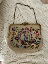 Vintage Floral Petit Point Needlepoint Tapestry Evening Bag Purse Beige