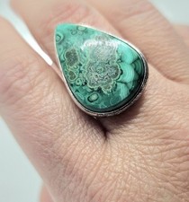 Sterling Silver Malachite Statement Ring Teardrop Cabochon Green Swirls Sz 9-10