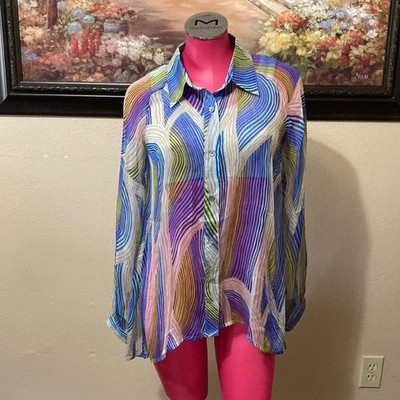 2OH Threads Two Old Hippies Button Up Long Sleeve Blouse Shirt M Silk Sheer