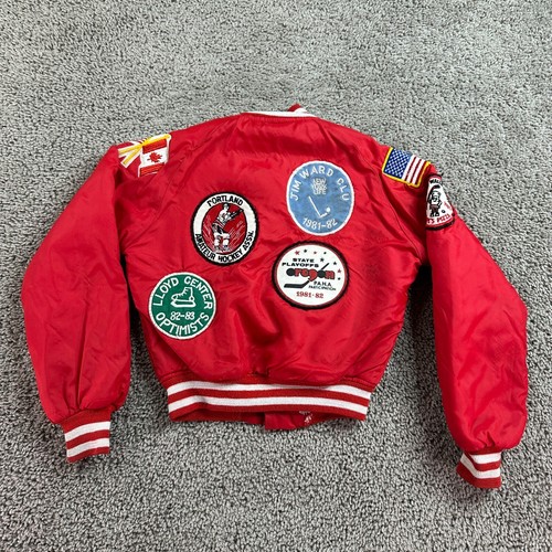 VINTAGE 80s Chalk Line Jacket Boys 6/8 Red Ice Hockey Patch Zip Up Varsity Coat - Picture 10 of 16