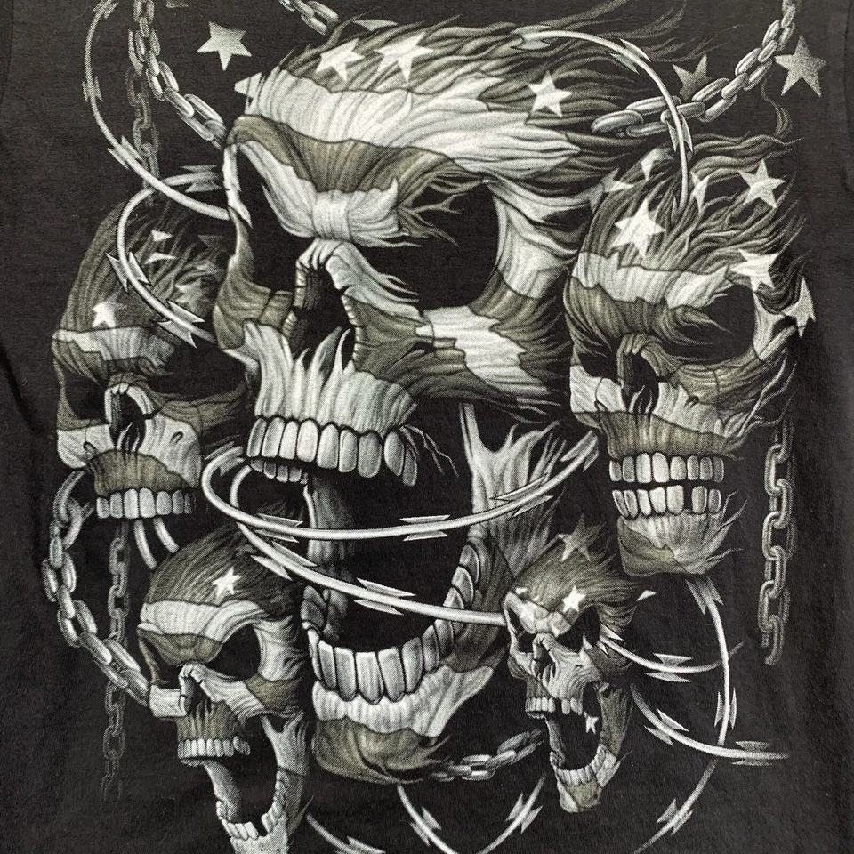 Camisa calavera vintage Y2K para hombre mediana alambre de afeitar cadenas bandera americana doble cara Foto 4 de 4