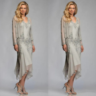 Elegant Silver Grey Chiffon Tea Length Mother Of The Bride Dresses With Jacket