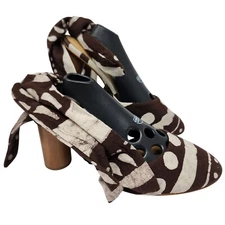 Shekudo Handmade Brown & White Heeled Mules W/ Wrap Ties Size 9.5