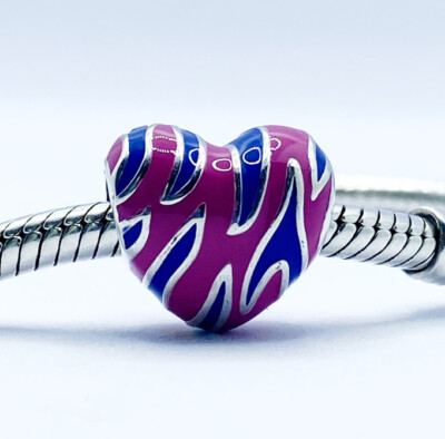 Pink & Blue Flame Love Heart Charm Bead Genuine 925 Sterling Silver  