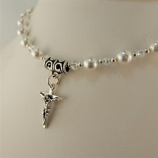 1st Holy Communion Necklace, Sterling Crucifix charm, White shell pearls