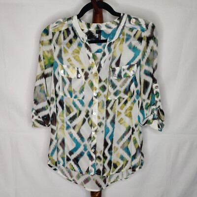Maurices women's size S blouse multicolor v-neck button up adj. sleeves pockets