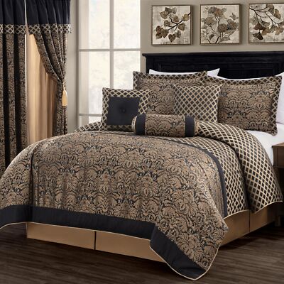 Chezmoi Collection 7-Piece Black Gold Jacquard Woven Floral Comforter Set