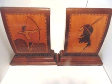  Inlaid Marquetry Indian Archer Brave Art Deco Style Vintage Heavy Wood Bookends