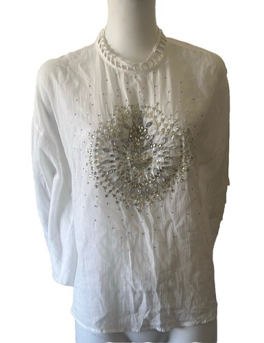 Free People White Crystal Embellished Blouse Bat Wing Sleeves Shirt - Picture 1 of 7