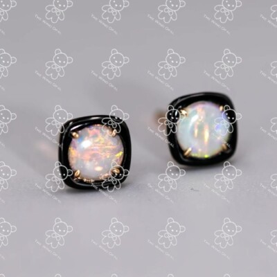 Schwarze Achat Runde Australische Massive Opal Ohrstecker 14K Gelbgold