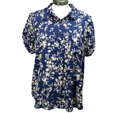 Pleione Floral Print Chiffon Henley Collared Shirt Short Cap Sleeve Blue Beige M