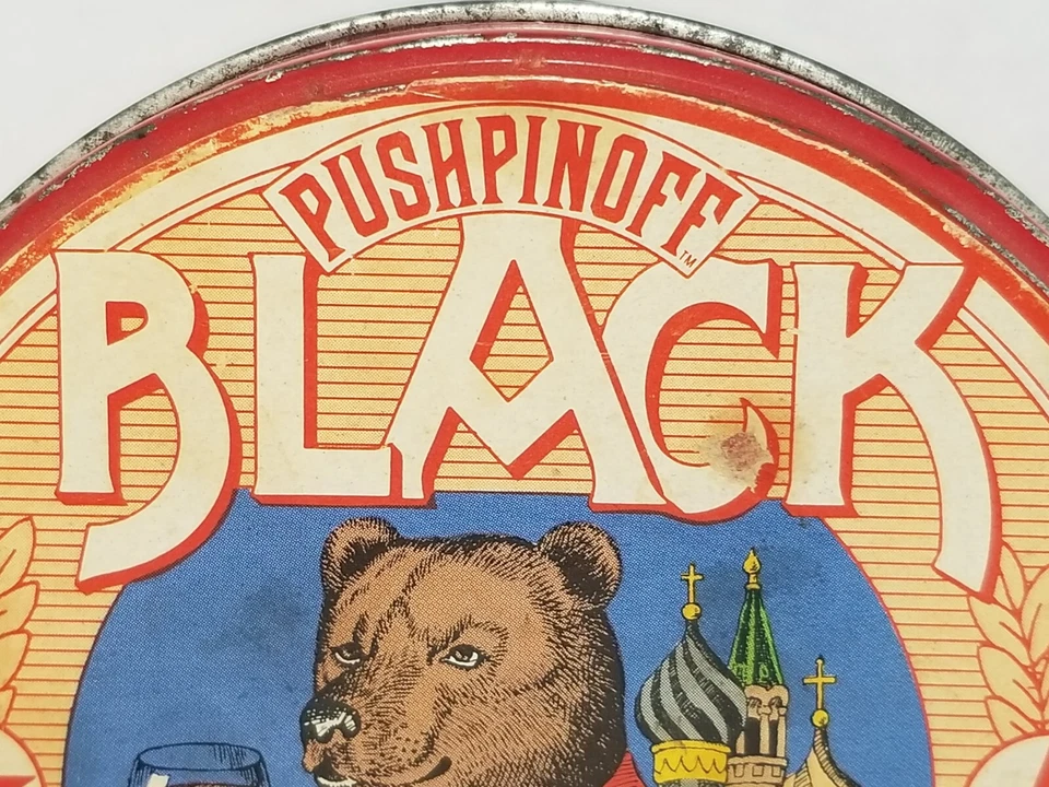 Recipiente de lata de doces russo preto vintage Pushpinoff urso com vidro de vinho - Imagem 3 de 4