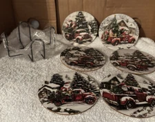 Christmas Coasters With Metak Holder Red Truck Design 7 Piece Set