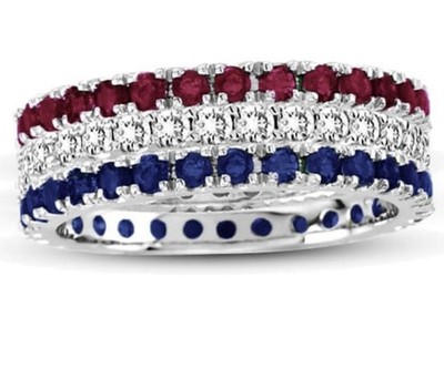 Suzy Levian 14K White Gold Set of 3 Diamond Ruby Sapphire Eternity Band Ring