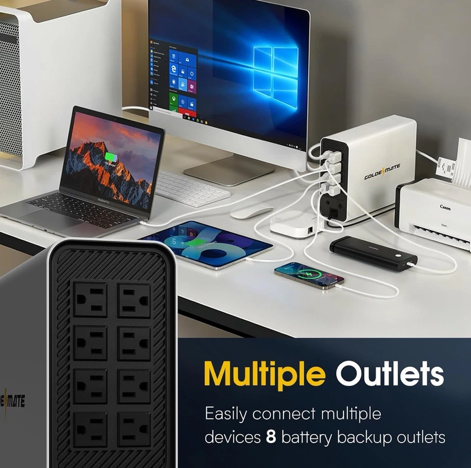 GOLDENMATE 1000VA/600W Lithium UPS Backup Power, LiFePO4, LCD, 8-Outlet - Image 2 of 4