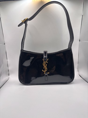Saint Laurent Black Patent YSL Logo Small Shoulder Bag, Gold Hardware, Zip