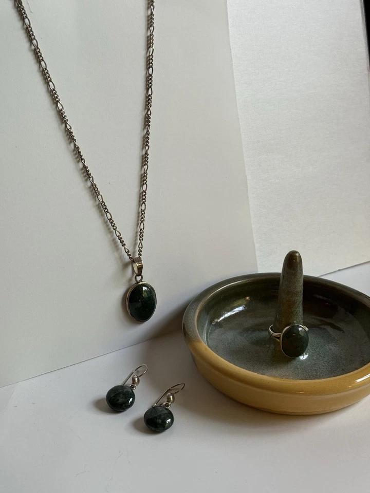 Серебро 925 зеленый мох агат ожерелье, серьги и кольцо комплект шикарный! - Изображение 2 из 4