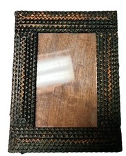 Small tramp art frame Carved wood frame Antique folk art Trench art Green 