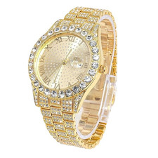 Men's Gold Watch Diamond Iced Out Luxury 42MM Round Quartz Wristband in Gift Box