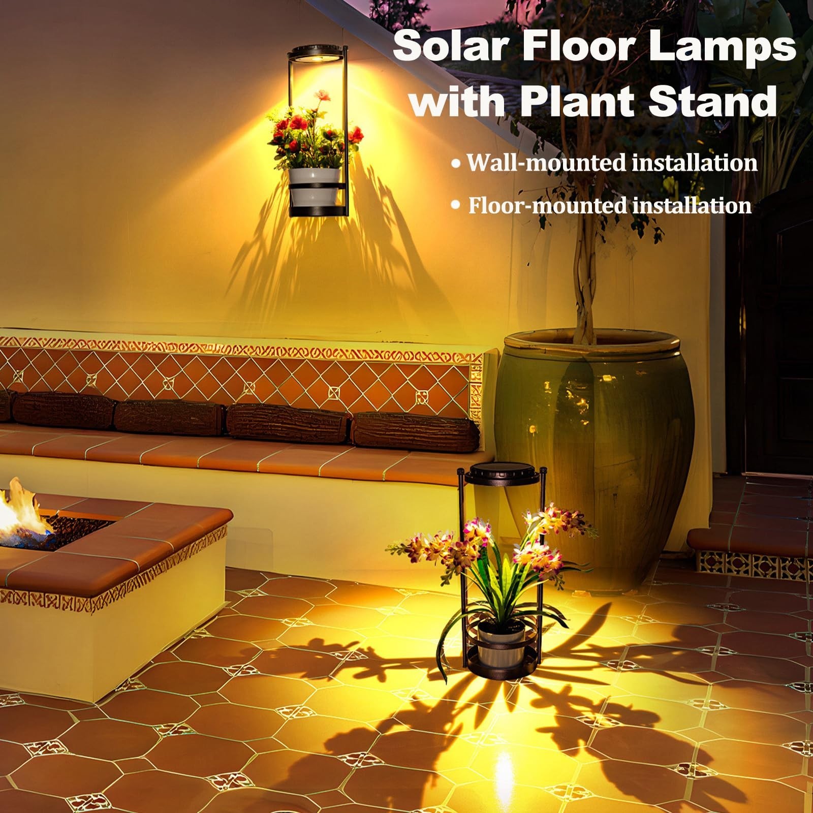 Solar Floor Lamps with Plant Stand, 3 Color Temperatures Solar Lights Outdoor...