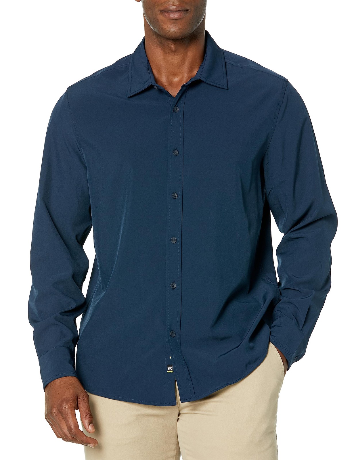 Kenneth Cole Mens Stretch Button-Down Long Sleeve Shirt, Navy M