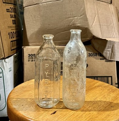 Pair Of Diff Embossed Baby Nurser Bottles Graduated Measurements Pyrex 1920s-30s