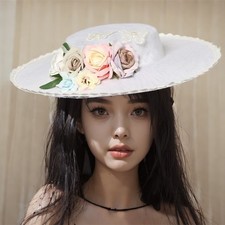 Women Victorian Hat Florals Hat Girls Sun Hat Flat Hat Retro Dress Boater Hat