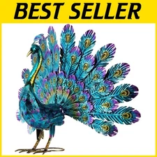 Vibrant Metallic Peacock Garden Statue, 23" Tall, Multicolor