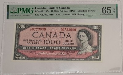 BANK OF CANADA 1954 *RARE* $1000 DOLLARS QE II SN# AK0723989 PMG