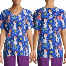 Disney's Women  s Frozen II Olaf Leaves Scrub Top Shirt Blue White Nurse Size M