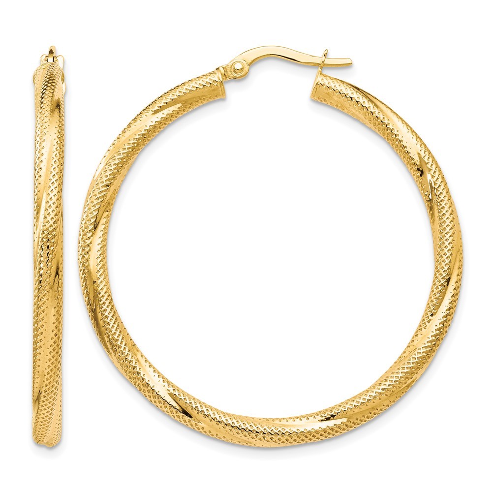 10K Yellow Gold Twisted Round Shape Hinged Hoop Earrings L-40mm, W-3mm