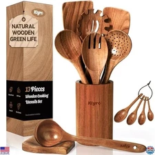 Premium Wooden Cooking Utensils Set - 9-Piece Teak Tools with Spatula & Holder
