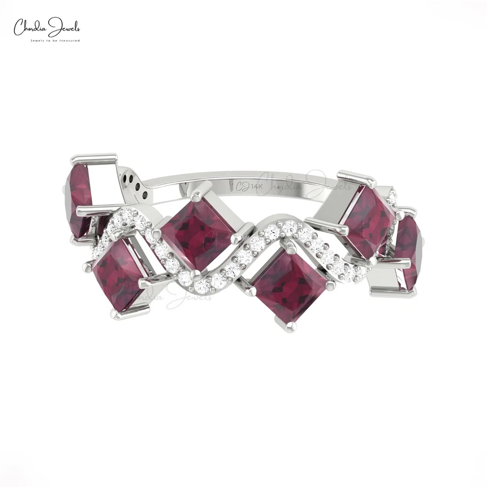 Cluster Zigzag Diamonds Wedding Band 4mm Rhodolite Garnet In 14k Solid Gold Ring - Image 3 of 4