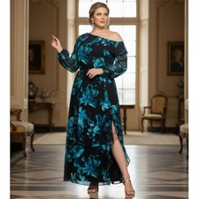 X by Xscape Black & Blue Floral Maxi Evening Gown – Size 16W, NWT, Zip Closure