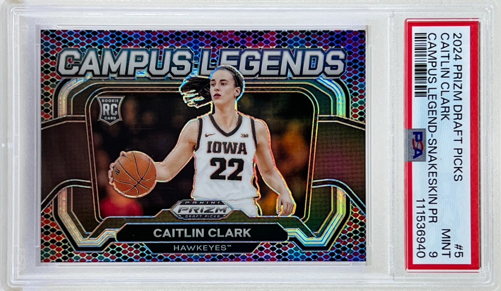 Caitlin Clark 2024 Prizm Draft Picks Campus Legends Snakeskin RC PSA 9