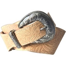 Vtg Omega Tooled Flower Paisley Western Womens Belt Beige Faux Leather Size XS S