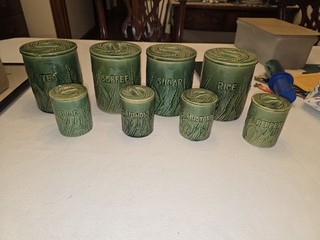 RARE HULL POTTERY GREEN WHEAT CANISTER SET COFFEE TEA SUGAR CINNAMON PEPPER ETC