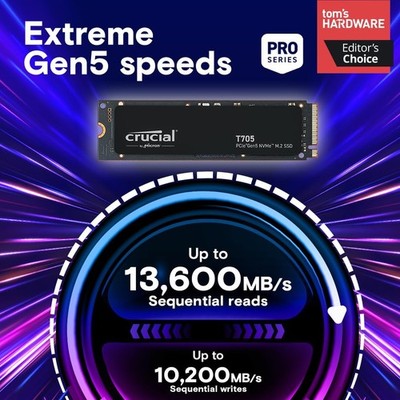 Crucial T705 1TB PCIe Gen5 NVMe M.2 - Up to 13,600 MB/s Game Ready