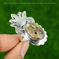 Natural Turritella Agate Sterling Silver Statement Daughter Wedding Ring Jewelry