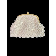 Vintage Golden Name Beaded White Change Purse Hinged Clasp Hong Kong