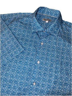 Peter Millar Button Up Mens Medium Fishbone Print Short Sleeve Shirt Blue Resort