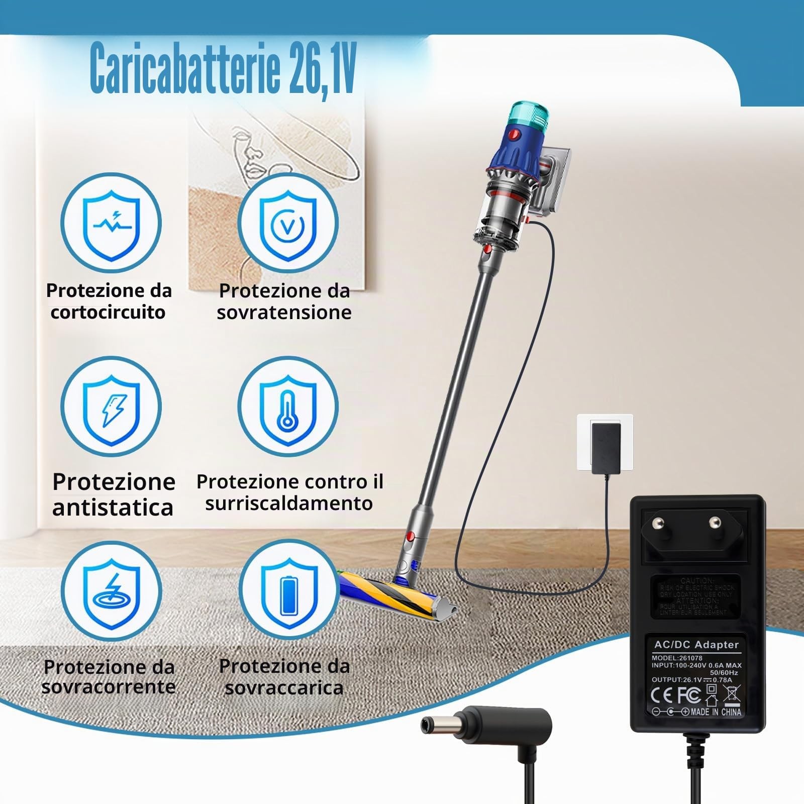 Caricatore 26,1V per Dyson V8 V7 V6, Alimentatore Ricambio Aspirapolvere con Cav foto 4