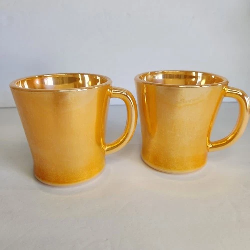 Vintage Fire King  Peach Luster Iridescent Coffee Mugs D Handle Set 2  Hocking