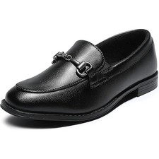 Boys Size 4 Black Faux Leather Slide On Silver Accent Dress Oxford Loafers Shoes