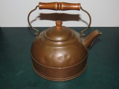 1930s PAUL REVERE 1801 COPPER TEA KETTLE POT WOOD HANDLE PRIMITIVE